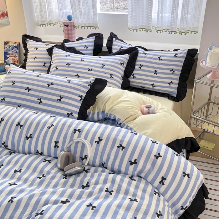 91家纺网 家纺一手货源 找家纺 2025水洗棉花边四件套_9067 蝴蝶结-条纹蓝