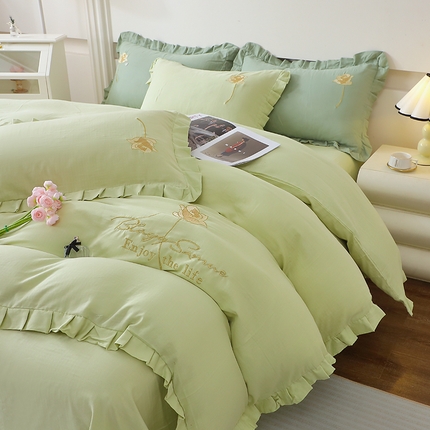 91家纺网 家纺一手货源 找家纺 （总）一比一家纺 2025新款全棉双层纱花边刺绣款四件套