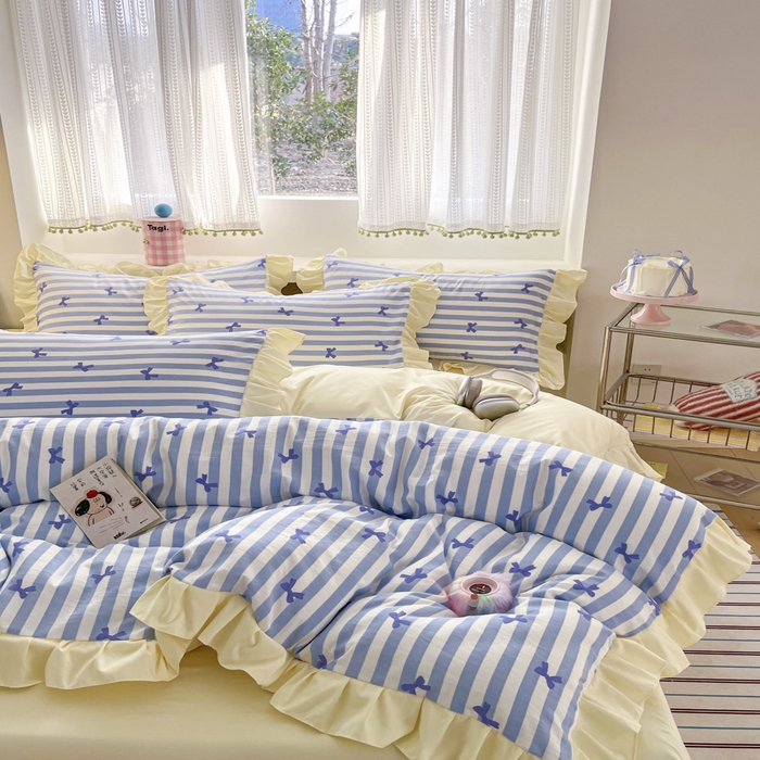 91家纺网 家纺一手货源 找家纺 2025水洗棉花边四件套_9067 蝴蝶结-条纹海蓝