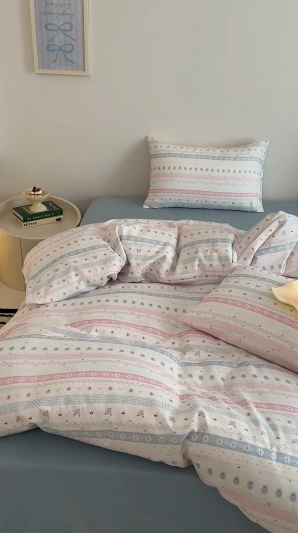 91家纺网 家纺一手货源 找家纺 塞纳 2026新款.全棉有氧双层纱四件套-场景二-觅可-粉