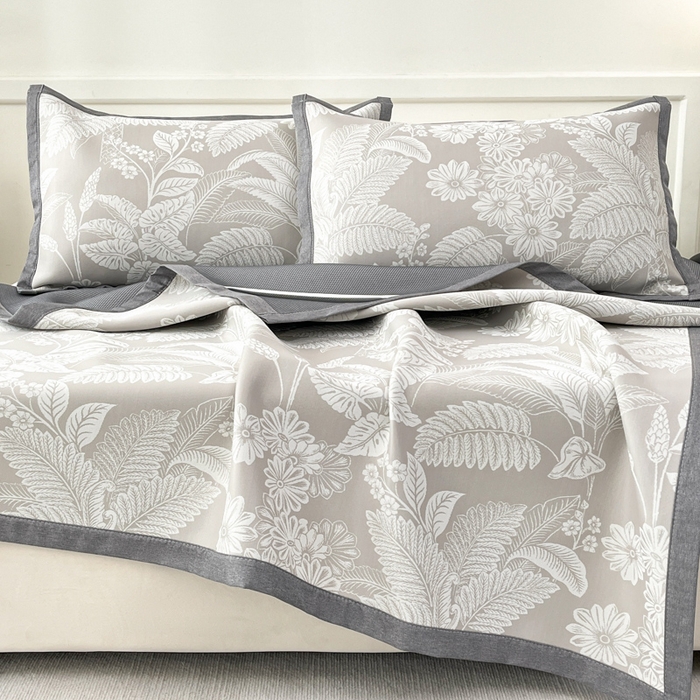 91家纺网 家纺一手货源 找家纺 子曰 2025新款高定版A类PE聚乙烯凉感凉席提花凉席床笠 叶之恋-咖【平铺款】