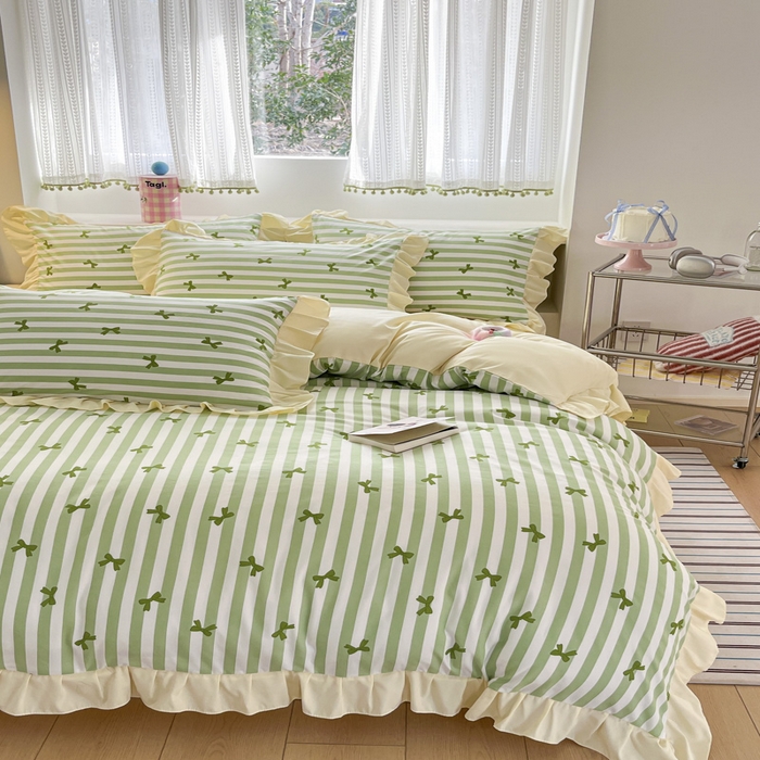 91家纺网 家纺一手货源 找家纺 2025水洗棉花边四件套_9067 蝴蝶结-条纹绿