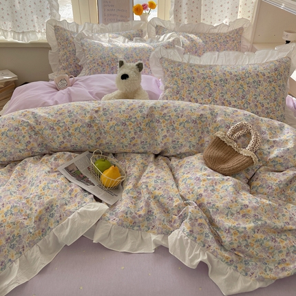 91家纺网 家纺一手货源 找家纺 桃喜2025新款全棉纯棉碎花花边款13070四件套 系列一 烟画花边款