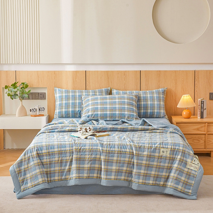 91家纺网 家纺一手货源 找家纺 创优家纺 2025新款无印风格子新疆棉夏被空调被纯棉花被夏被子薄被芯水洗棉包检测 简兮蓝