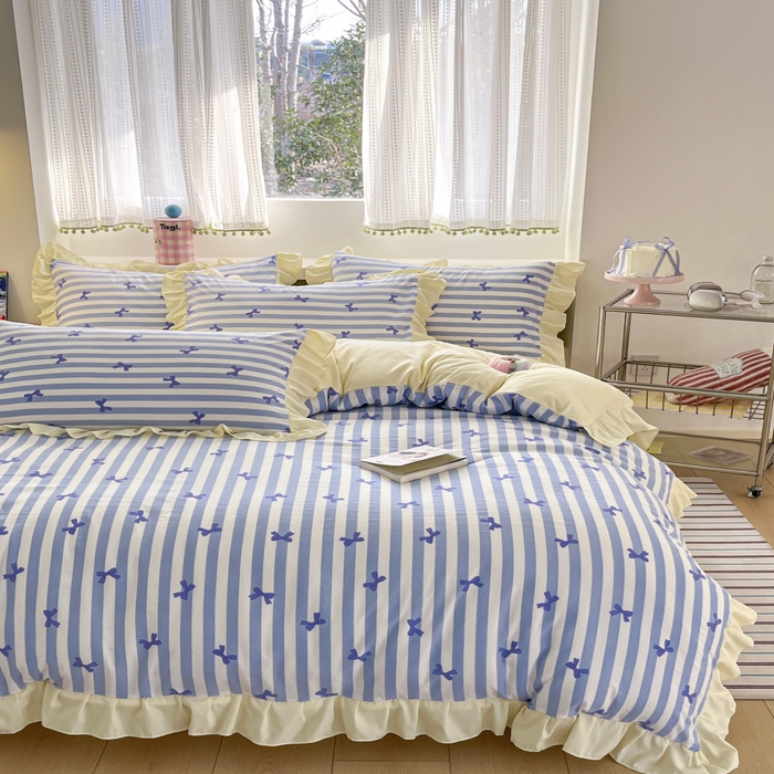 91家纺网 家纺一手货源 找家纺 2025水洗棉花边四件套_9067 蝴蝶结-条纹海蓝