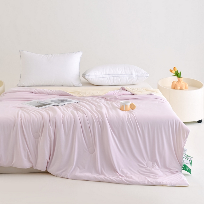 91家纺网 家纺一手货源 找家纺 圣尔雅2025新款A类高克重锦纶氨纶黑科技凉感夏被冰激凌空调被夏凉被 淡紫粉+黄