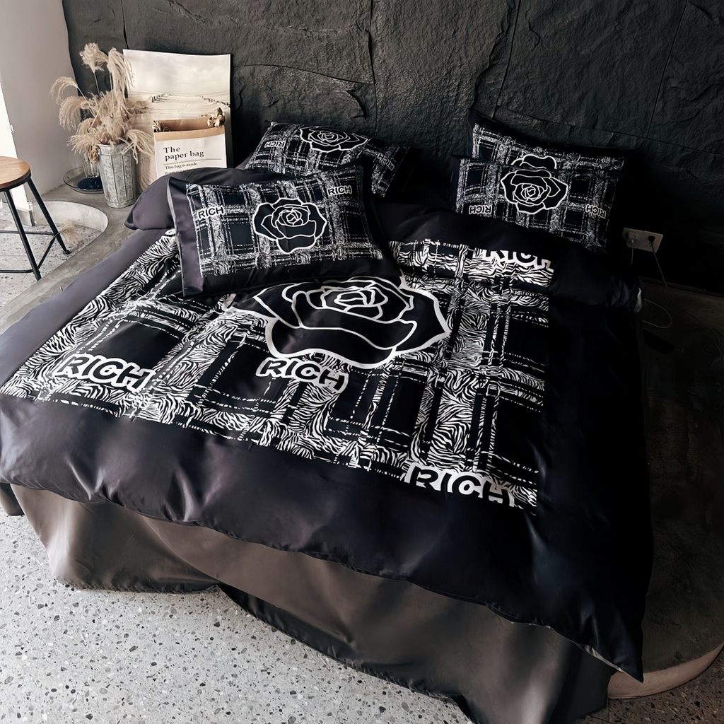 91家纺网 家纺一手货源 找家纺 丽斐纺织  2025新款水洗冰丝数码印花四件套 黑山茶