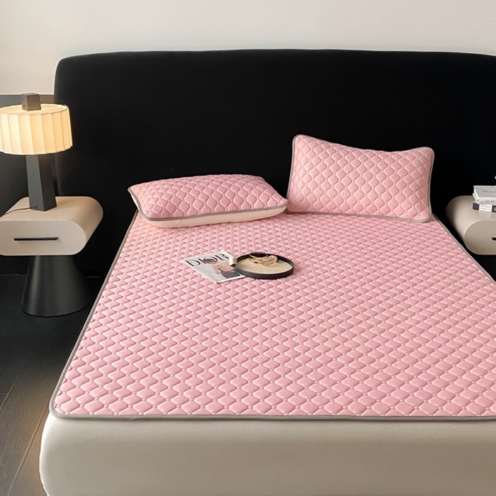 91家纺网 家纺一手货源 找家纺 欧邦 2025新款加厚纯色凉席四件套--凉席三件套 方格-豆粉