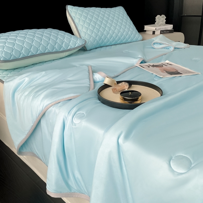 91家纺网 家纺一手货源 找家纺 欧邦 2025新款加厚纯色凉席四件套--夏被四件套 方格-湖蓝