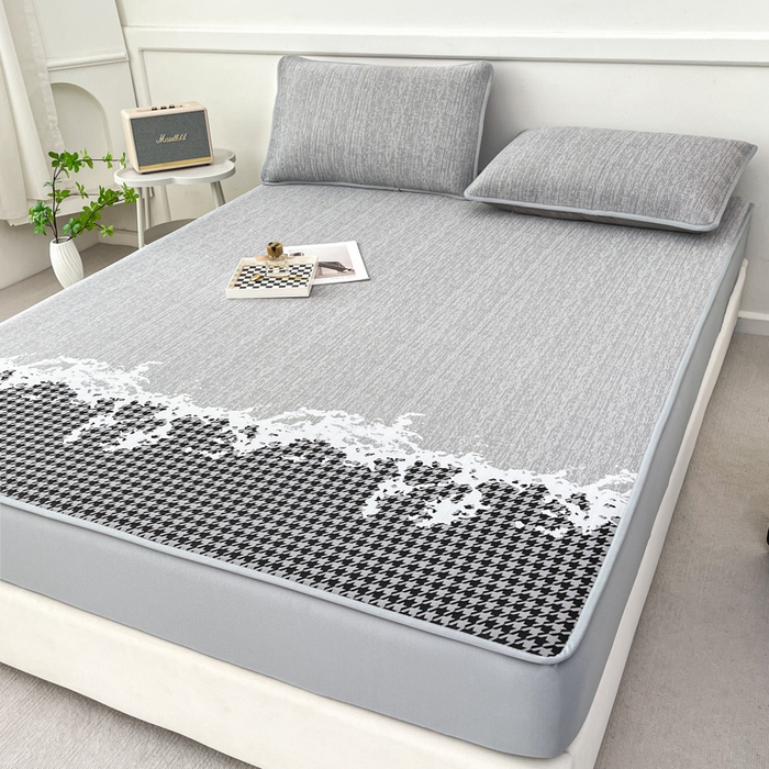 91家纺网 家纺一手货源 找家纺 子曰 2025新款高定版A类PE聚乙烯凉感凉席提花凉席床笠 千鸟格-灰