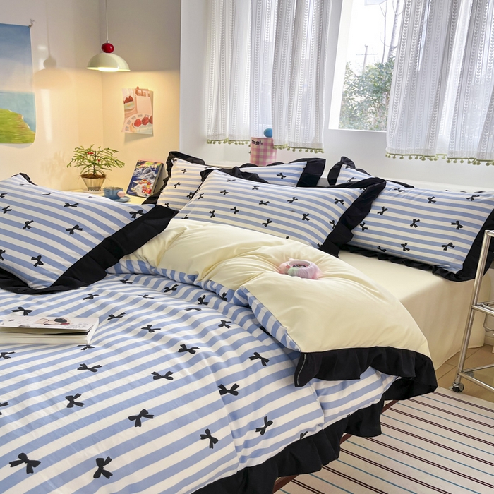 91家纺网 家纺一手货源 找家纺 2025水洗棉花边四件套_9067 蝴蝶结-条纹蓝