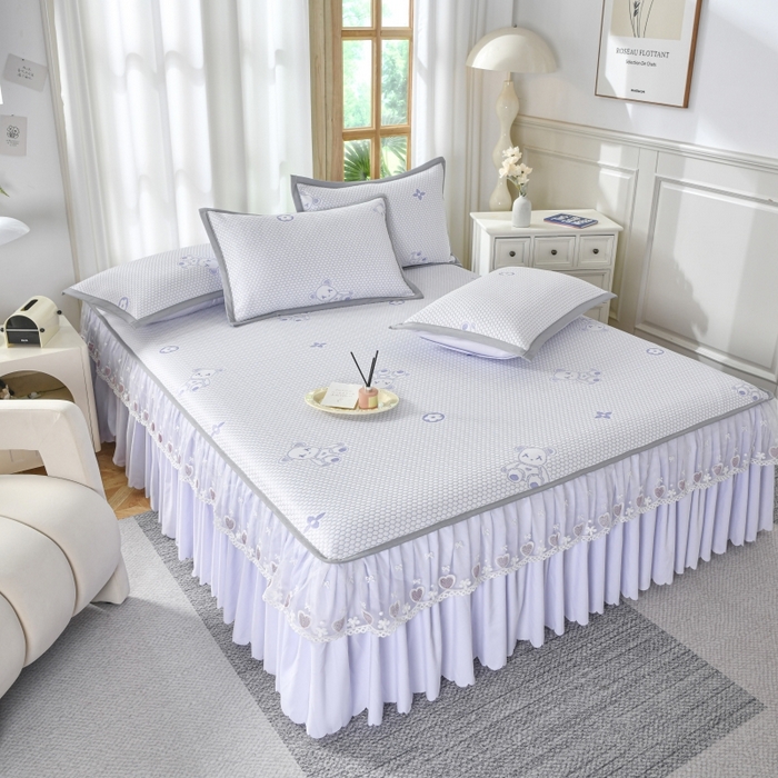 91家纺网 家纺一手货源 找家纺 品乐家纺  2025新款床裙款提花冰豆豆套件凉席席子 浅紫