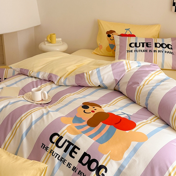 91家纺网 家纺一手货源 找家纺 2025新款全棉大版卡通数码印花纯棉四件套 可爱小狗（紫）