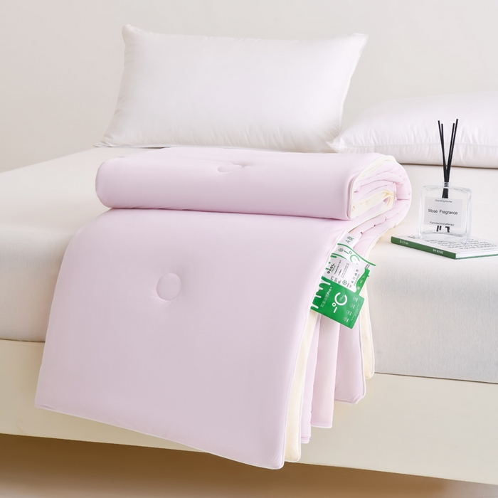 91家纺网 家纺一手货源 找家纺 圣尔雅2025新款A类高克重锦纶氨纶黑科技凉感夏被冰激凌空调被夏凉被 淡紫粉+黄