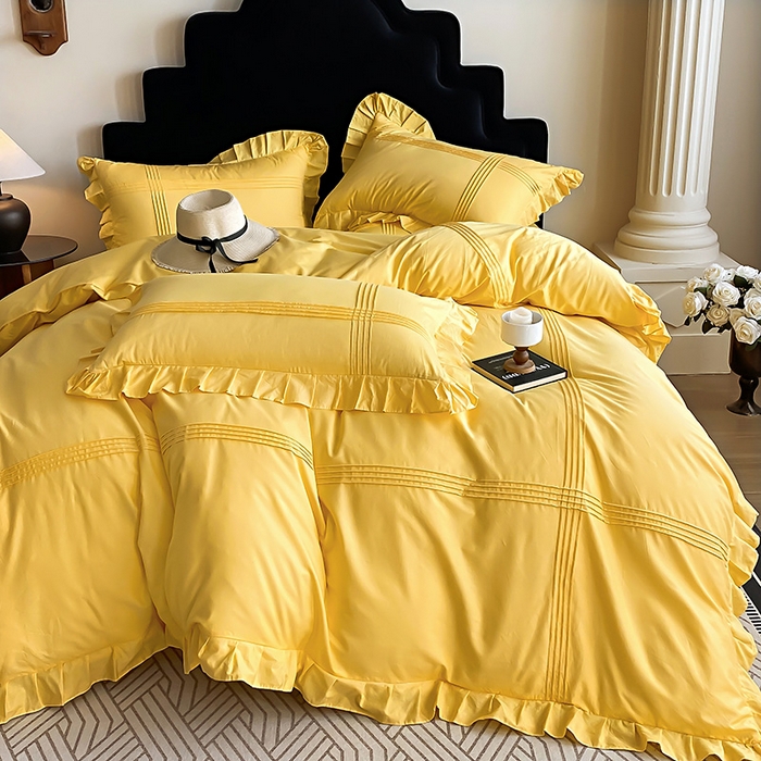 91家纺网 家纺一手货源 找家纺 花香四季家纺 2025新款全棉13376公主风纯棉法式手工立体线条四件套 姜黄