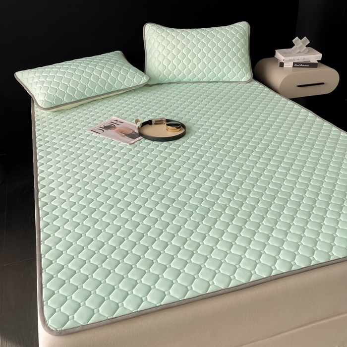 91家纺网 家纺一手货源 找家纺 欧邦 2025新款加厚纯色凉席四件套--凉席三件套 方格-水绿