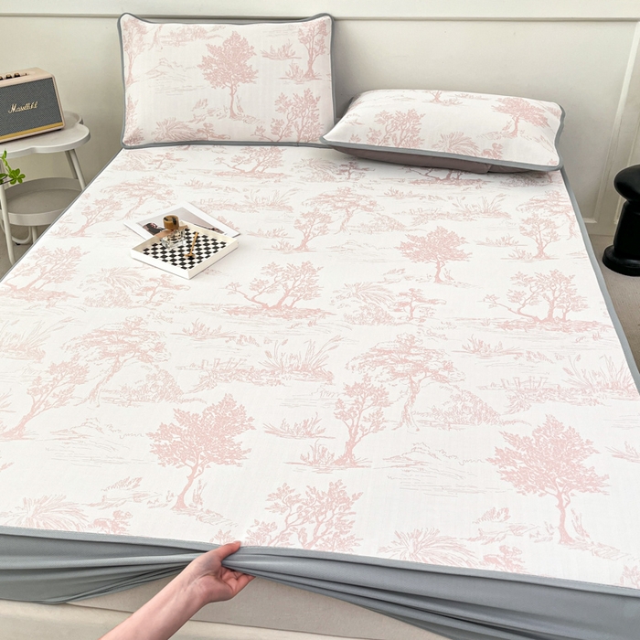 91家纺网 家纺一手货源 找家纺 子曰 2025新款高定版A类PE聚乙烯凉感凉席提花凉席床笠 秘境-粉【床笠款】