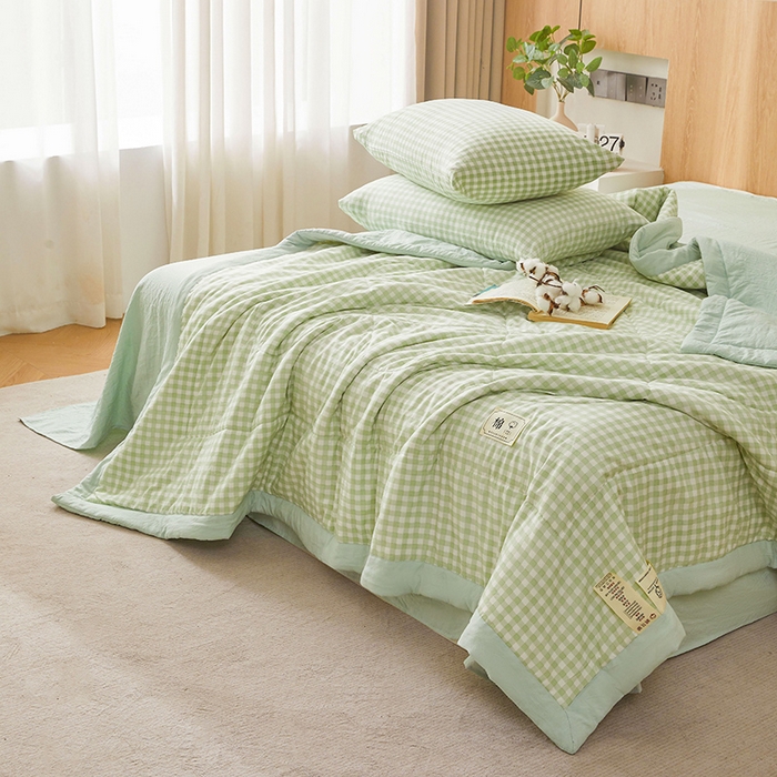 91家纺网 家纺一手货源 找家纺 创优家纺 2025新款无印风格子新疆棉夏被空调被纯棉花被夏被子薄被芯水洗棉包检测 绿小格