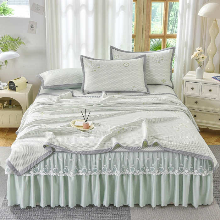 91家纺网 家纺一手货源 找家纺 品乐家纺  2025新款床裙款提花冰豆豆套件凉席席子 绿色