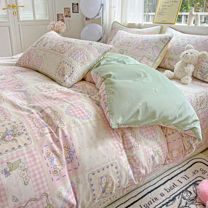 91家纺网 家纺一手货源 找家纺 羽爱家纺 2025新款A类双面全棉印花床盖套件 彩虹蛋糕