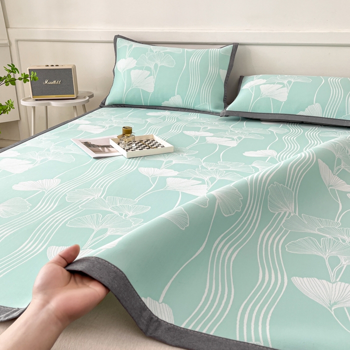 91家纺网 家纺一手货源 找家纺 子曰 2025新款高定版A类PE聚乙烯凉感凉席提花凉席 银杏叶-绿