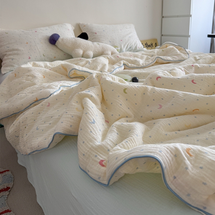 91家纺网 家纺一手货源 找家纺 萝莉家纺 2025新款软软糯糯双层皱皱纱单夏被 夏被四件套 星星月亮