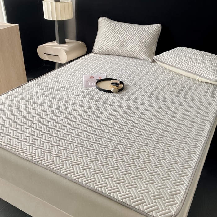 91家纺网 家纺一手货源 找家纺 欧邦 2025新款加厚纯色凉席四件套--凉席三件套 饼干花-浅灰