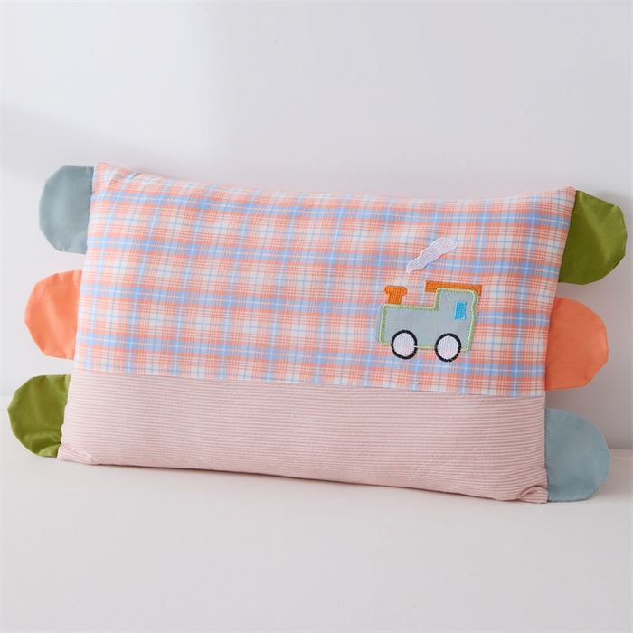 91家纺网 家纺一手货源 找家纺 大熊枕芯  2025新款贴布绣全棉水洗棉儿童荞麦枕 贴布绣-火车（枕套+荞麦壳内胆30*50cm）