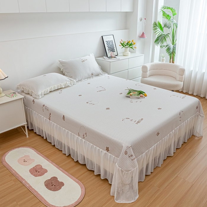 91家纺网 家纺一手货源 找家纺 春寻家纺 2025新款凉豆豆冰丝凉席席子-床裙款 卡皮巴拉-咖