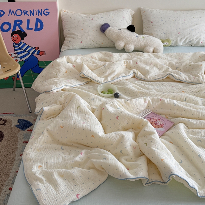 91家纺网 家纺一手货源 找家纺 萝莉家纺 2025新款软软糯糯双层皱皱纱单夏被 夏被四件套 星星月亮