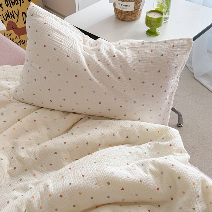 91家纺网 家纺一手货源 找家纺 萝莉家纺 2025新款软软糯糯双层皱皱纱单夏被 夏被四件套 心心相印