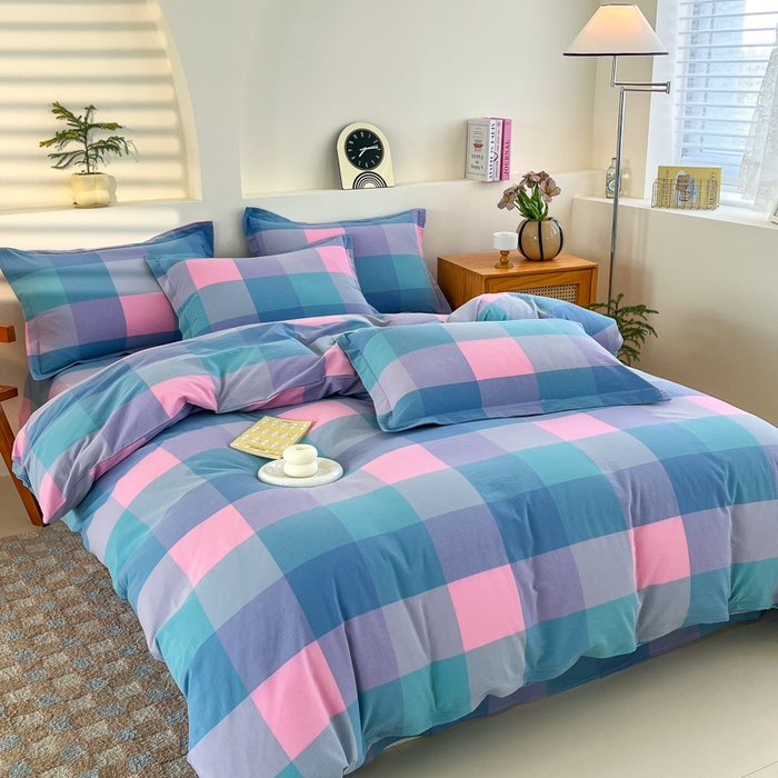 91家纺网 家纺一手货源 找家纺 金窝窝家纺 2025新款纯棉水洗棉四件套 大发格粉蓝