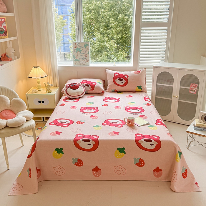 91家纺网 家纺一手货源 找家纺 晓时候 2025原棉老粗布床单凉席三件套软凉席子单床单 草莓熊