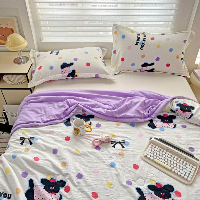 91家纺网 家纺一手货源 找家纺 富艺隆 2025新款水洗棉印花夏被 波点小狗