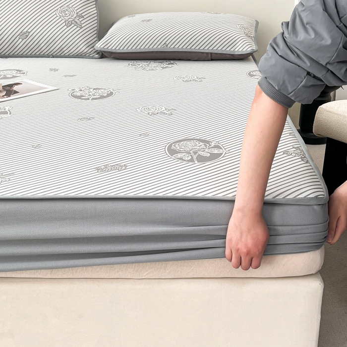 91家纺网 家纺一手货源 找家纺 子曰 2025新款高定版A类PE聚乙烯凉感凉席提花凉席床笠 玫瑰-灰【床笠款】