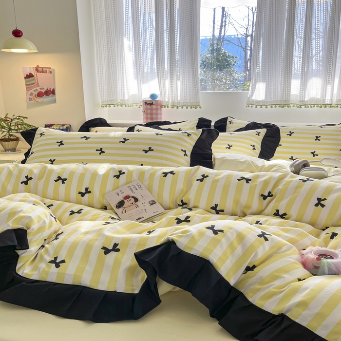 91家纺网 家纺一手货源 找家纺 2025水洗棉花边四件套_9067 蝴蝶结-条纹黄