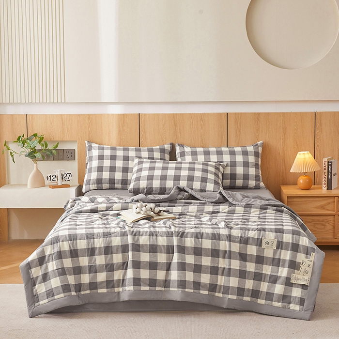 91家纺网 家纺一手货源 找家纺 创优家纺 2025新款无印风格子新疆棉夏被空调被纯棉花被夏被子薄被芯水洗棉包检测 灰中格