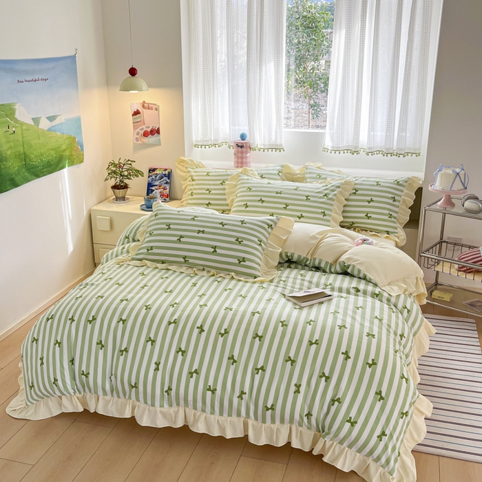 91家纺网 家纺一手货源 找家纺 2025水洗棉花边四件套_9067 蝴蝶结-条纹绿