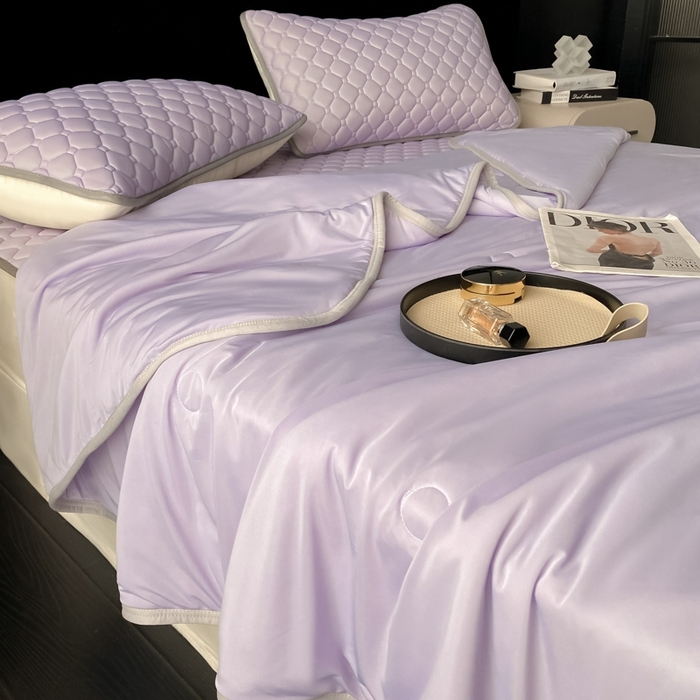 91家纺网 家纺一手货源 找家纺 欧邦 2025新款加厚纯色凉席四件套--夏被四件套 方格-浅紫