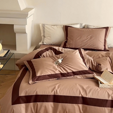 华超针织2025新款全棉长绒棉贡缎贴边四件套 暖杏