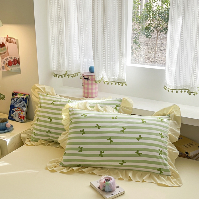 91家纺网 家纺一手货源 找家纺 2025水洗棉花边四件套_9067 蝴蝶结-条纹绿