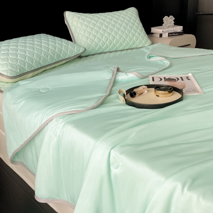 91家纺网 家纺一手货源 找家纺 欧邦 2025新款加厚纯色凉席四件套--夏被四件套 方格-水绿