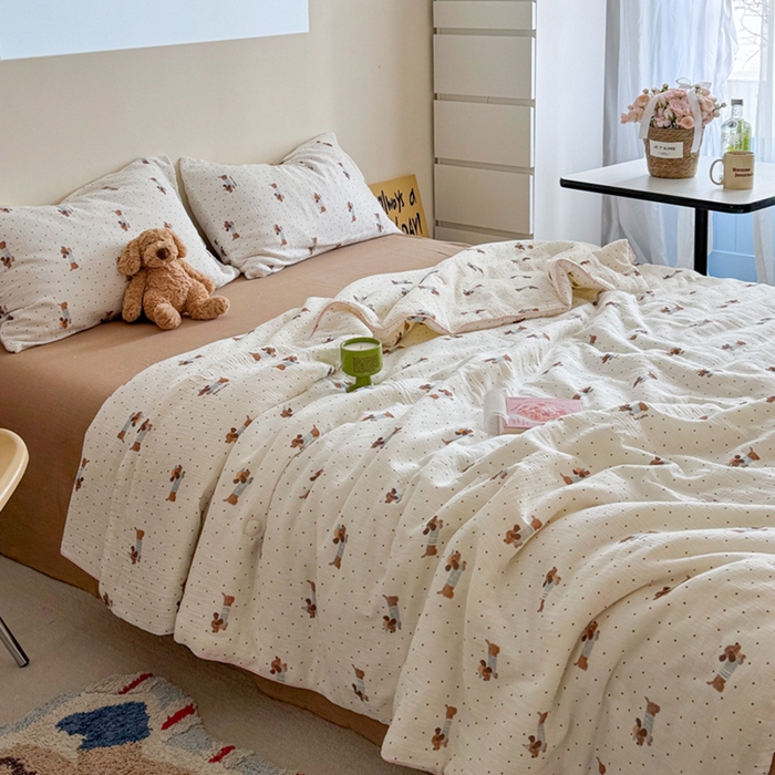 91家纺网 家纺一手货源 找家纺 萝莉家纺 2025新款软软糯糯双层皱皱纱单夏被 夏被四件套 波点狗