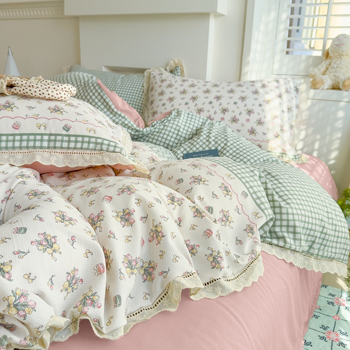 91家纺网 家纺一手货源 找家纺 竹合家纺 2025新款春日碎花法式镂空花边款式提花皱皱四件套 法式-花束蛋糕