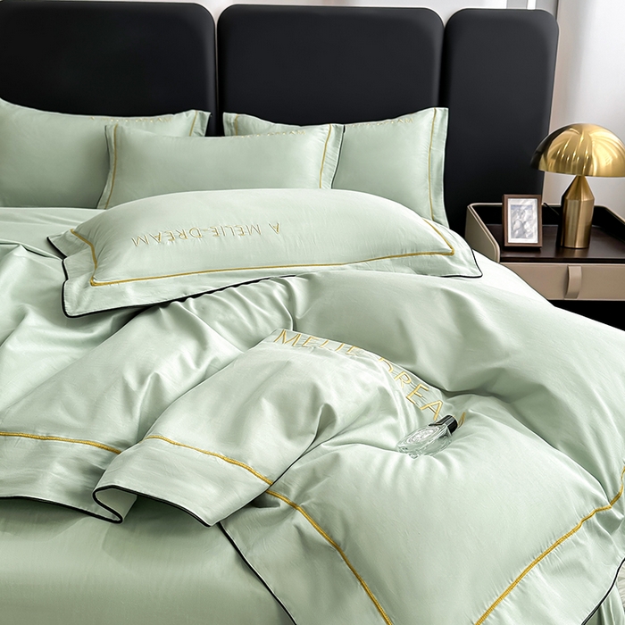 91家纺网 家纺一手货源 找家纺 宇彬家纺 2025新款直播热款13374全棉母婴级压线一字绣宽边枕套被套纯色滚边麻绳四件套贡缎新疆长绒 梦系列-炫彩绿