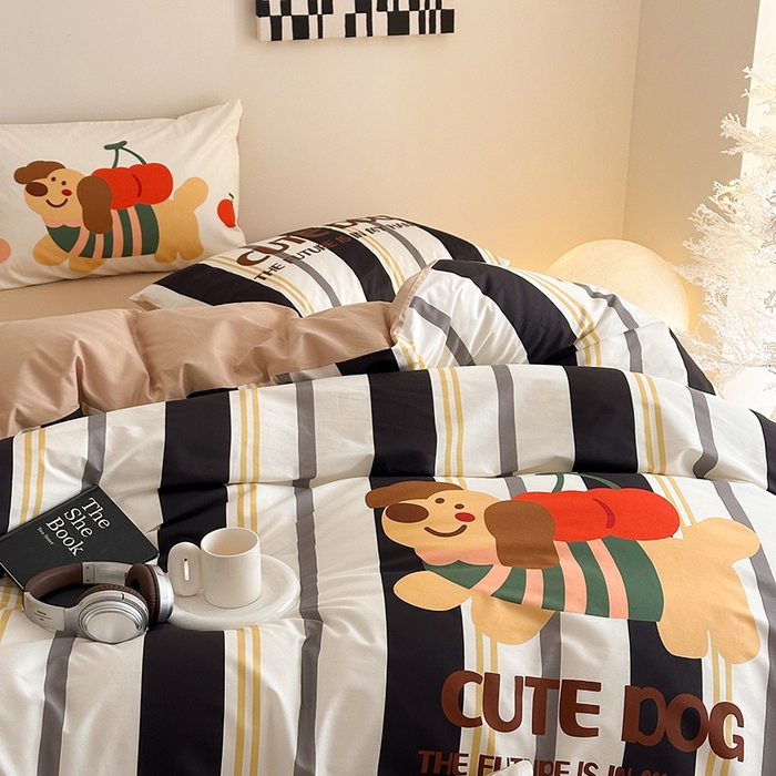 91家纺网 家纺一手货源 找家纺 2025新款全棉大版卡通数码印花纯棉四件套 可爱小狗（黑）