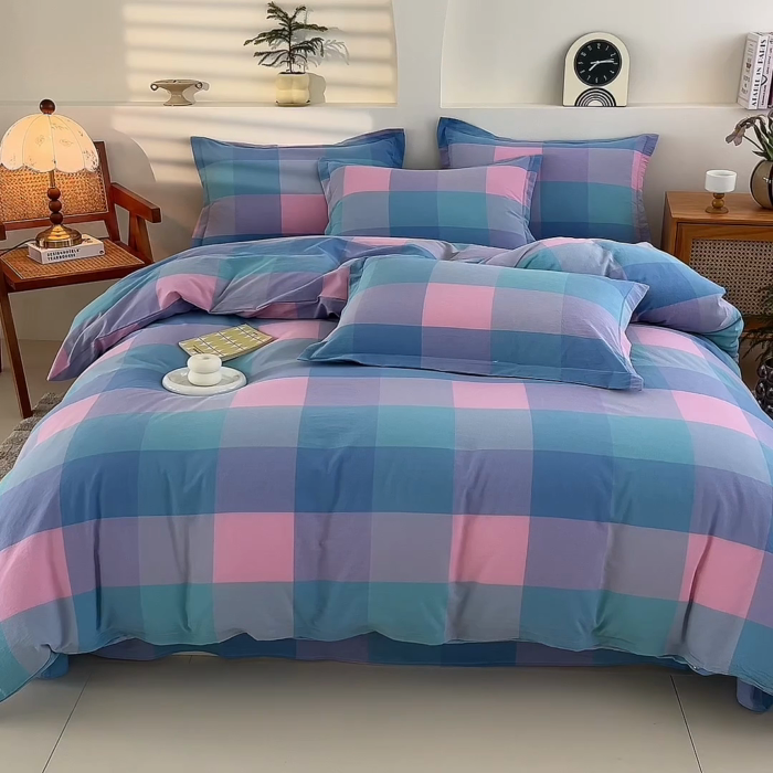 91家纺网 家纺一手货源 找家纺 金窝窝家纺 2025新款纯棉水洗棉四件套 大发格粉蓝