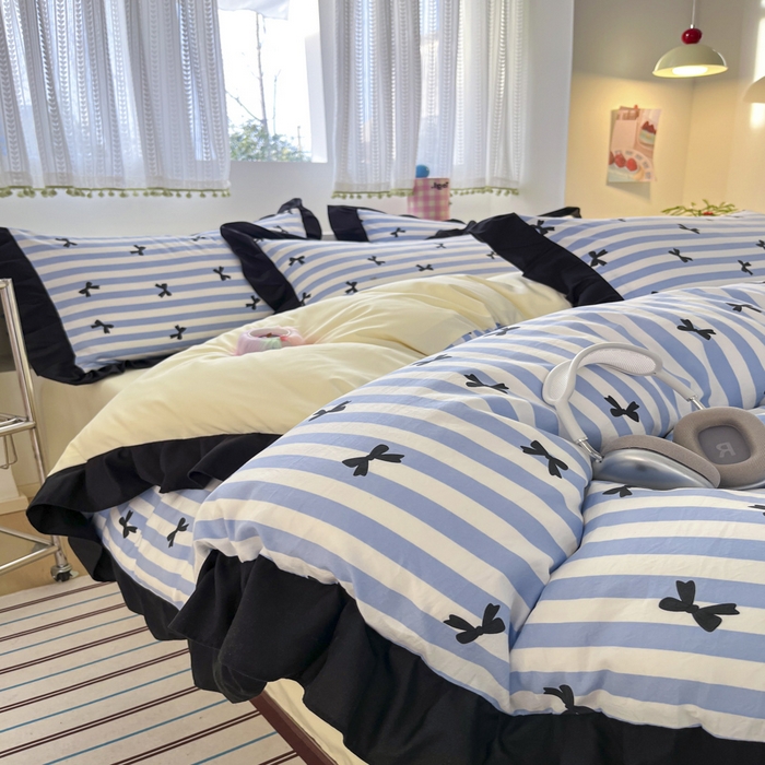 91家纺网 家纺一手货源 找家纺 2025水洗棉花边四件套_9067 蝴蝶结-条纹蓝