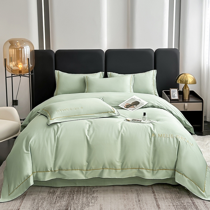 91家纺网 家纺一手货源 找家纺 宇彬家纺 2025新款直播热款13374全棉母婴级压线一字绣宽边枕套被套纯色滚边麻绳四件套贡缎新疆长绒 梦系列-炫彩绿