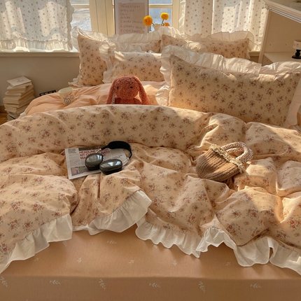 91家纺网 家纺一手货源 找家纺 桃喜2025新款全棉纯棉碎花花边款13070四件套 系列一 散漫春色花边款